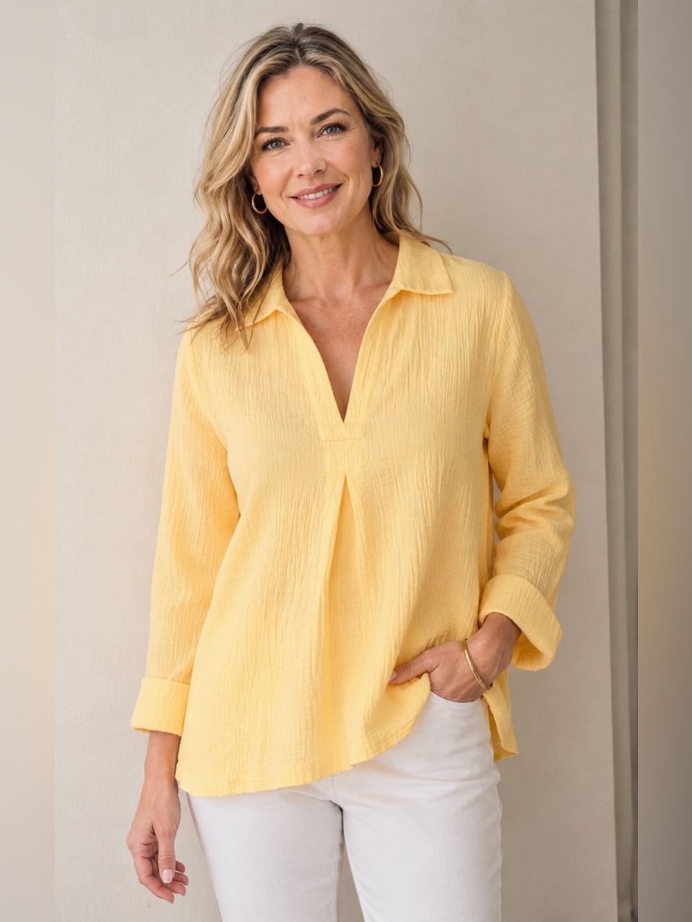 DKR Apparel Lightweight Gauze Collared Blouse-Yellow